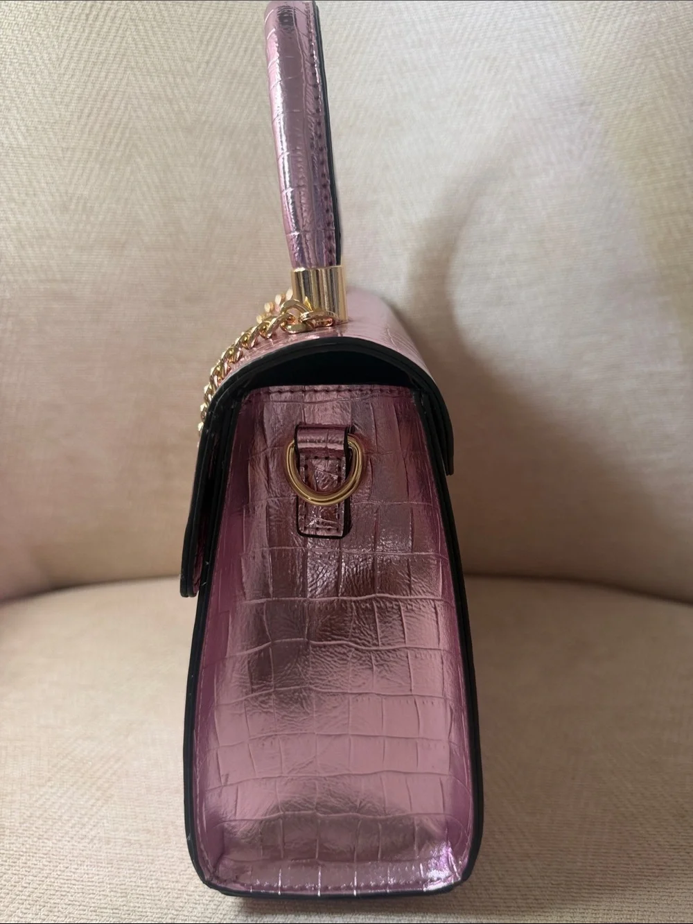 Source Unknown Metallic Pink Croc-Embossed Top Handle Satchel with Gold Chain